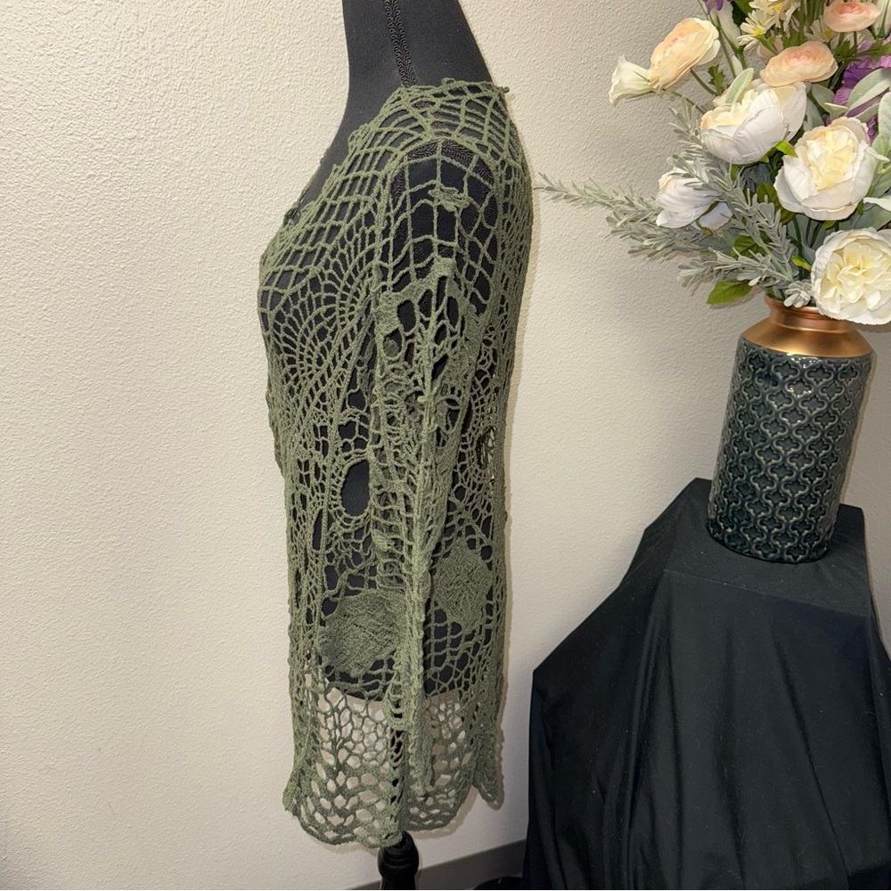 Cato Olive Green Crochet Knit Top Boho Sheer Long Sleeve Festival 14/16W - Picture 2 of 8